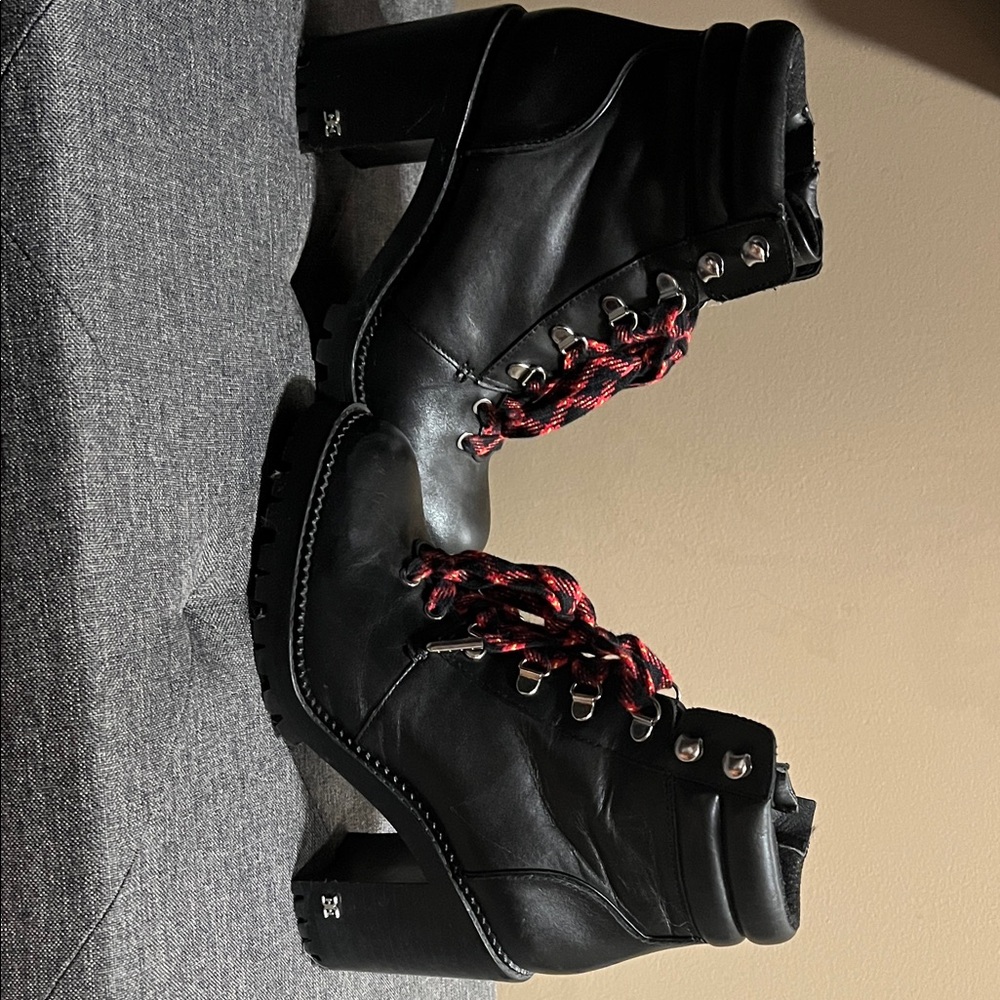 Sam Edelman Black and Red Lace Up Boots with Rugged Sole